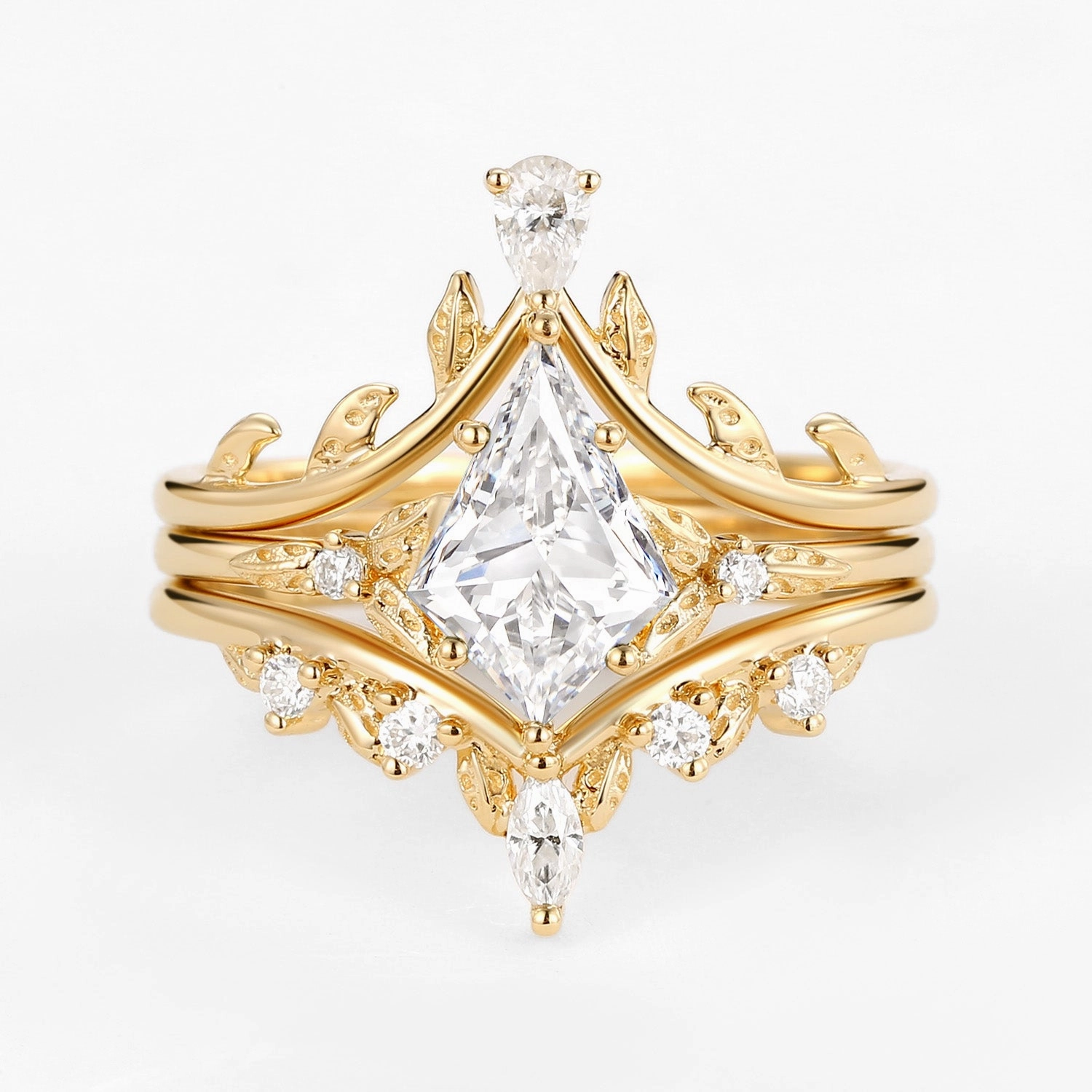 Daily Detail Polished Style Kite Cut Lab Grown Diamond Leafy Engagement Ring Set 3pcs