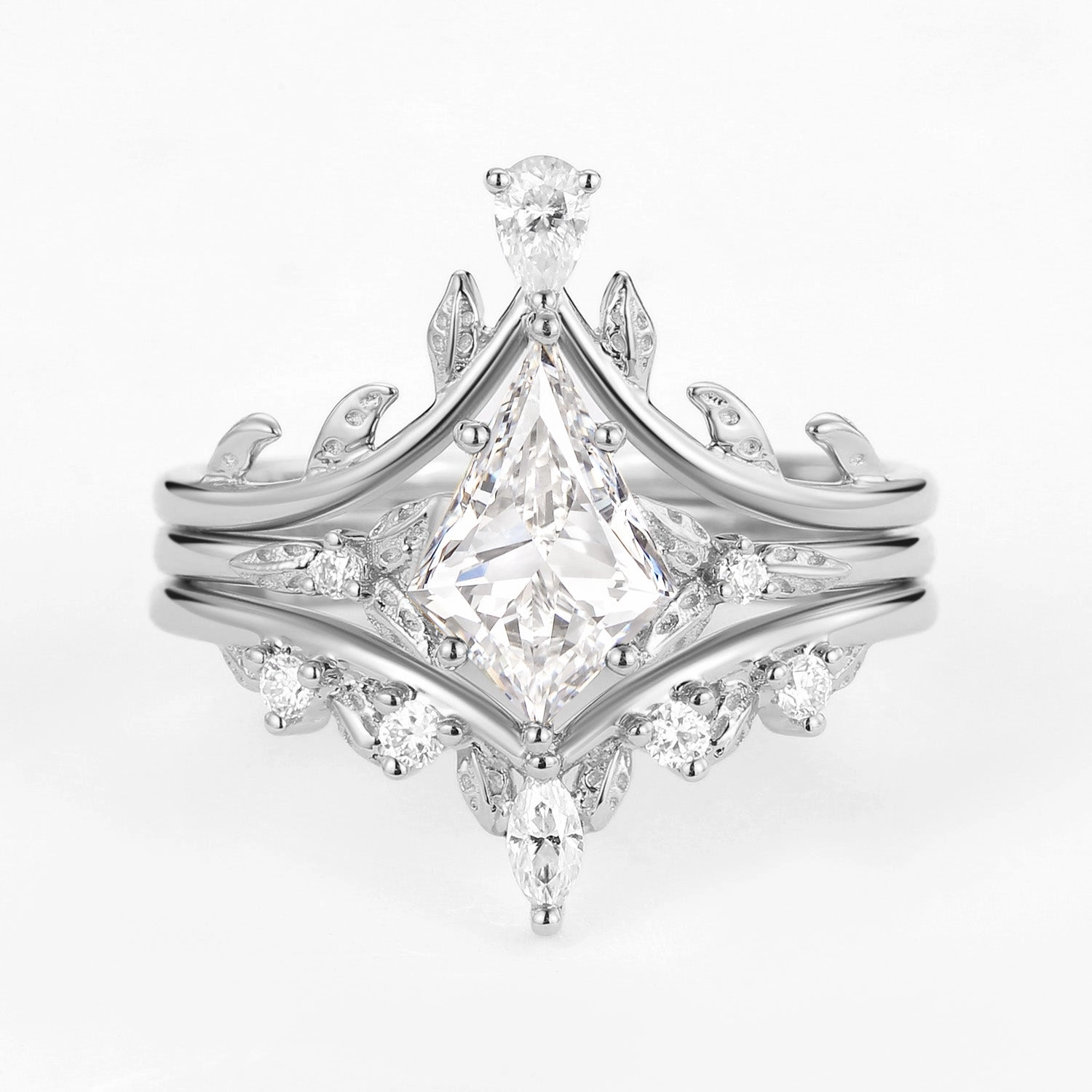 Graceful Form Kite Cut Lab Grown Diamond Leafy Engagement Ring Set 3pcs