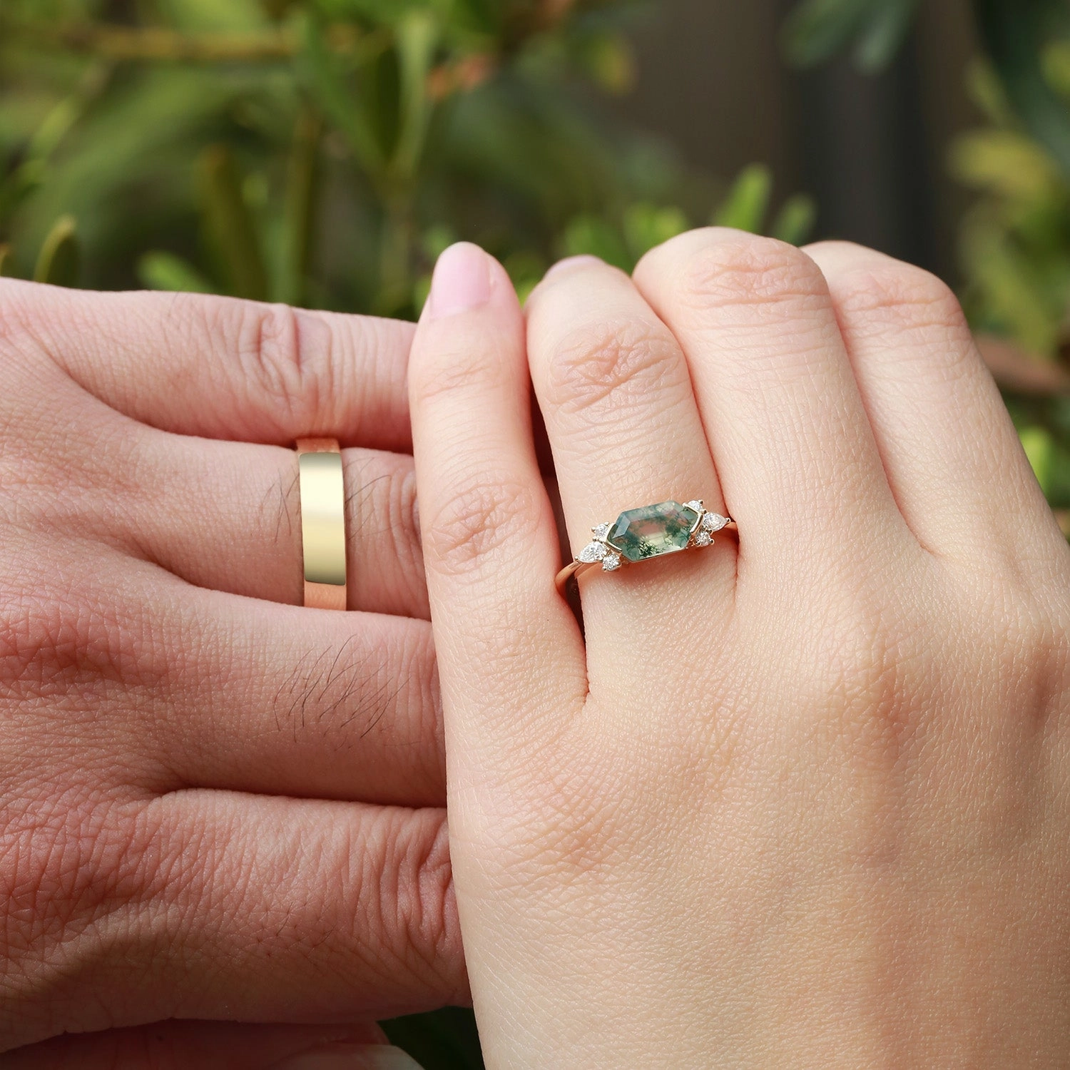 Yellow Gold Elongated Hexagon Moss Agate Couple Ring Set 2pcs Graceful Glow Unique Feature