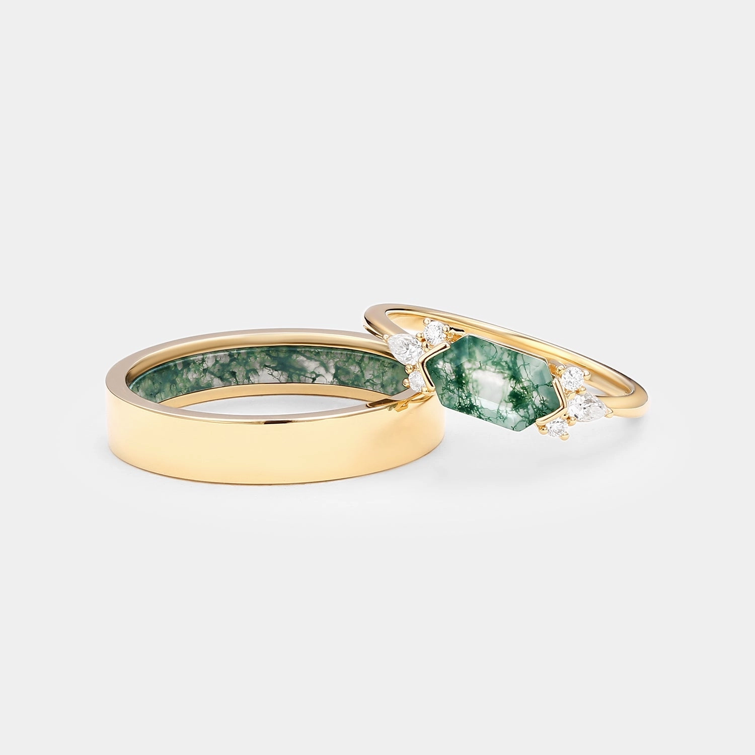 Yellow Gold Elongated Hexagon Moss Agate Couple Ring Set 2pcs Sparkling Shine Fashion Night