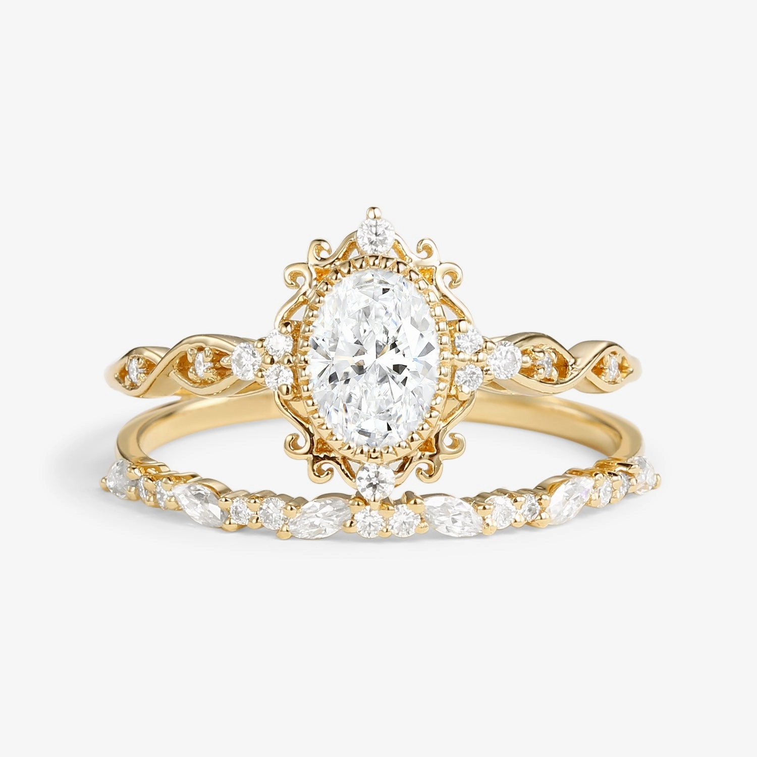 Custom Adornment Vintage Victorian Oval Lab Grown Diamond Ring Set 2pcs - Margaret