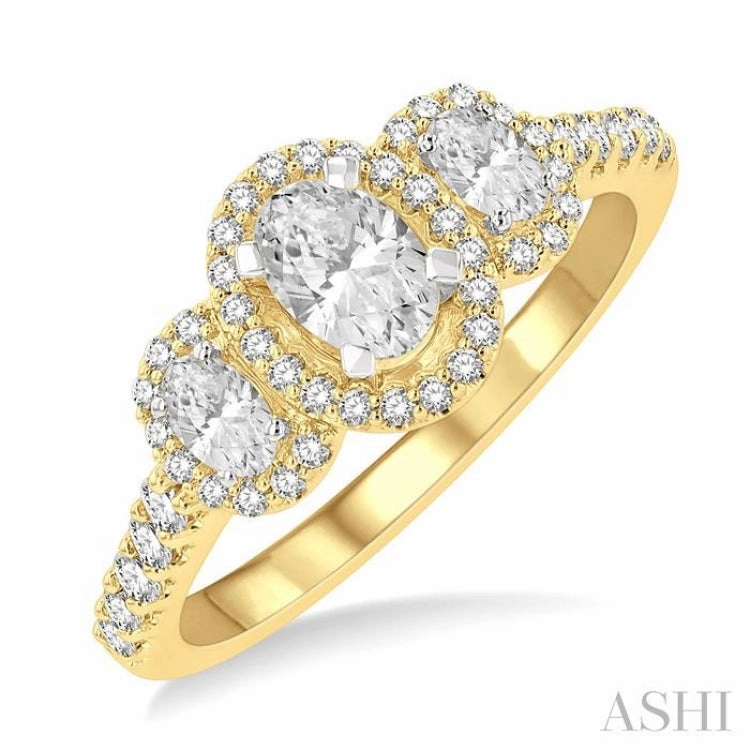 HighEnd Item Resilient Design 1 ctw Past, Present & Future Round Cut Diamond Engagement Ring With 3/8 ct Oval Cut Center Stone in 14K Yellow and White Gold