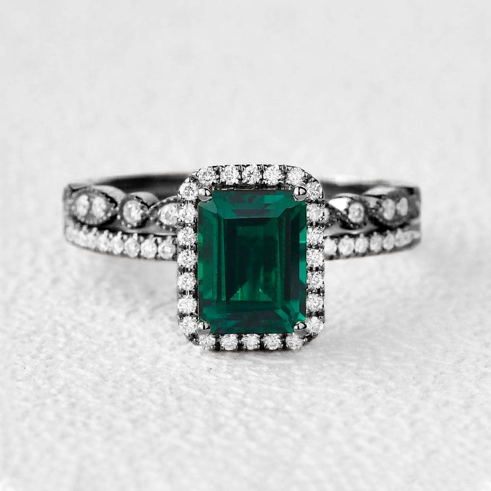 Strong Craft Layer Accent Black Gold Emerald & Moissanite Halo Gold Ring Set 2pcs