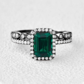 Black Gold Emerald & Moissanite Halo Gold Ring Set 2pcs Luxury Symbol Simple Ornament