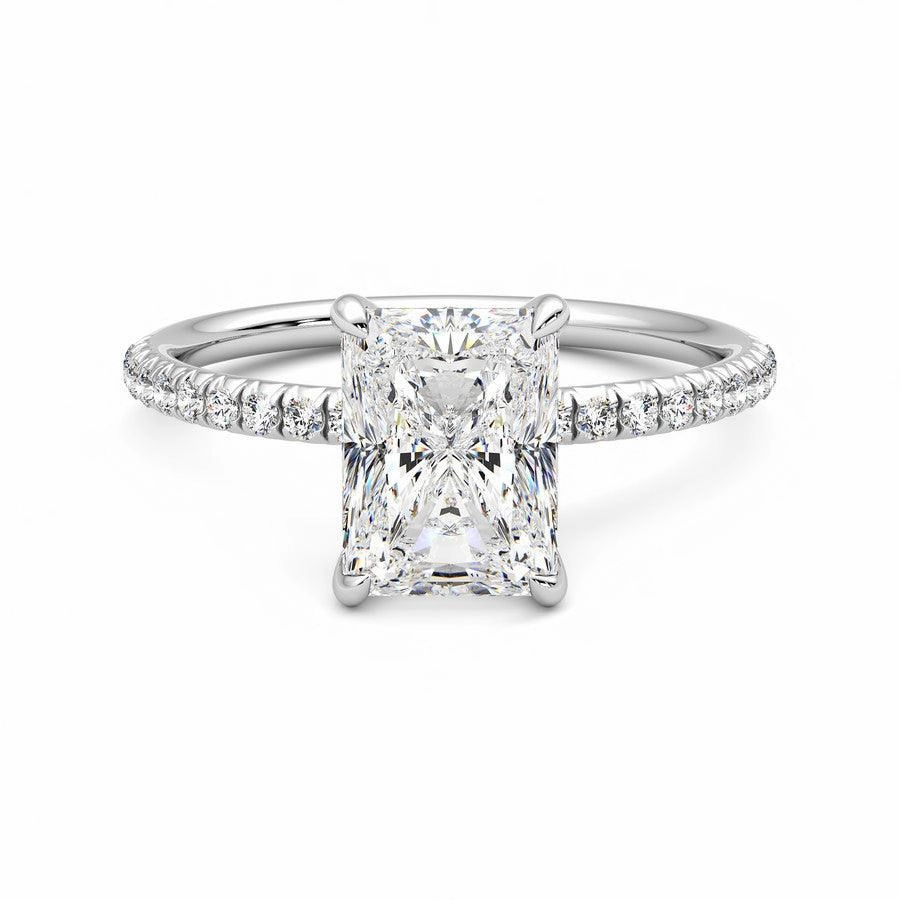 Four Prong Radiant Cut Moissanite Engagement Ring with Hidden Anniversary Stone Accent Sophisticated Edge