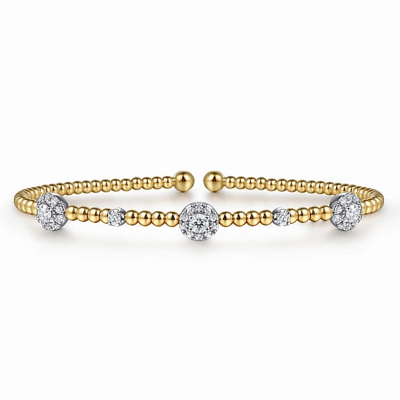 14K White-Yellow Gold Bujukan Bead Cuff Bracelet with Diamond Cluster Stations Minimalist Charm Modern Edge