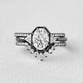 Luminous Detail Black Gold Geometric Moissanite Retro Style Ring Set 3pcs