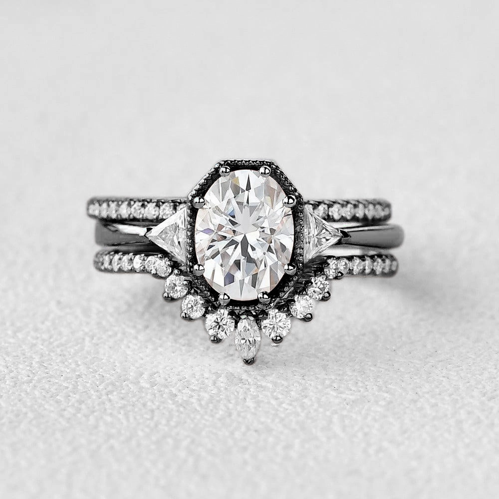 Black Gold Geometric Moissanite Retro Style Ring Set 3pcs Styled Finish Everyday Wear