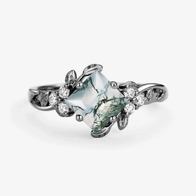 Layered Spark Black Gold Green Leafy Princess Cut Moss Agate Engagement Ring