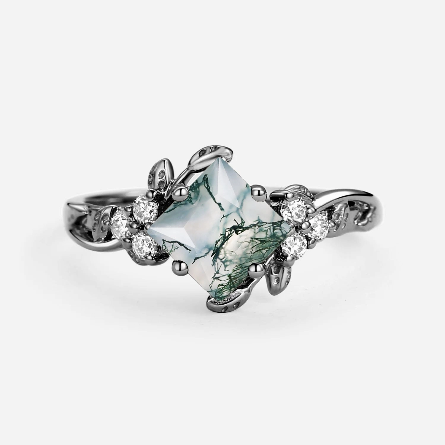 Black Gold Green Leafy Princess Cut Moss Agate Engagement Ring Bold Present