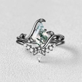 Seasonal Pick Black Gold Kite Cut Moss Agate Leafy Engagement Ring Sets 2pcs - Ivy