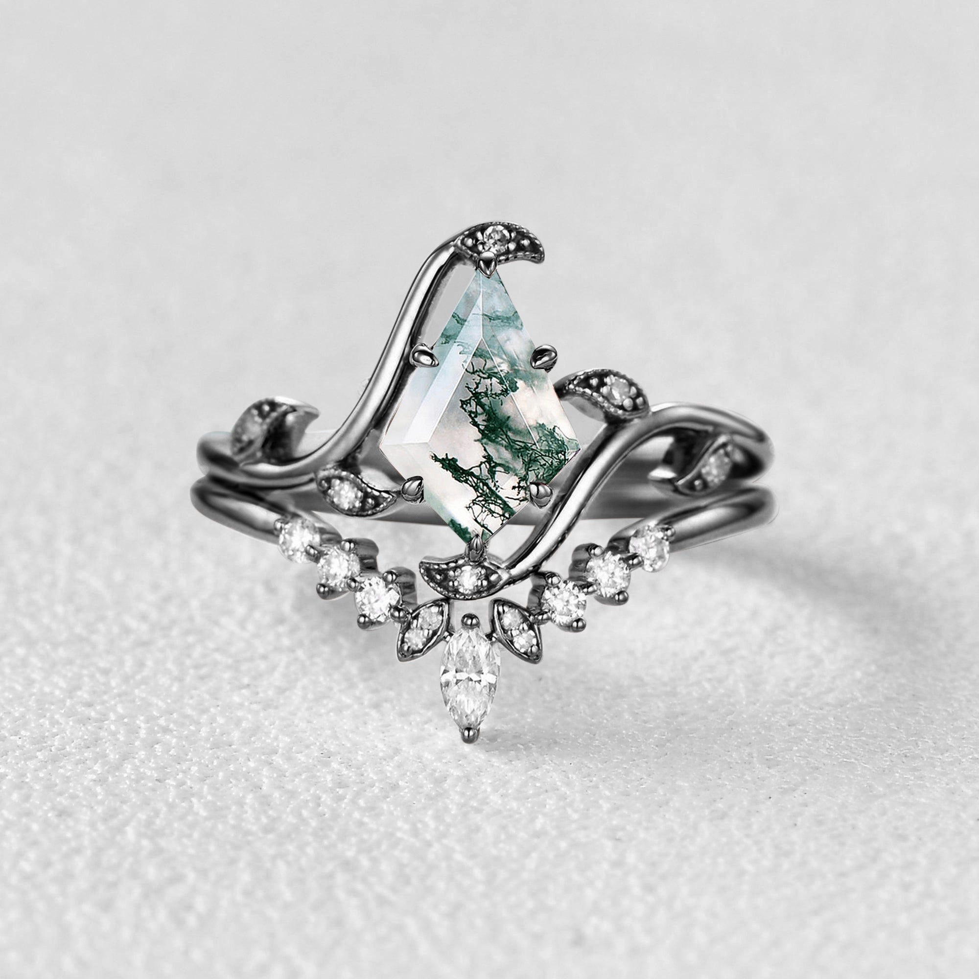Chic Favorite High-End Work Black Gold Kite Cut Moss Agate Leafy Engagement Ring Sets 2pcs - Ivy