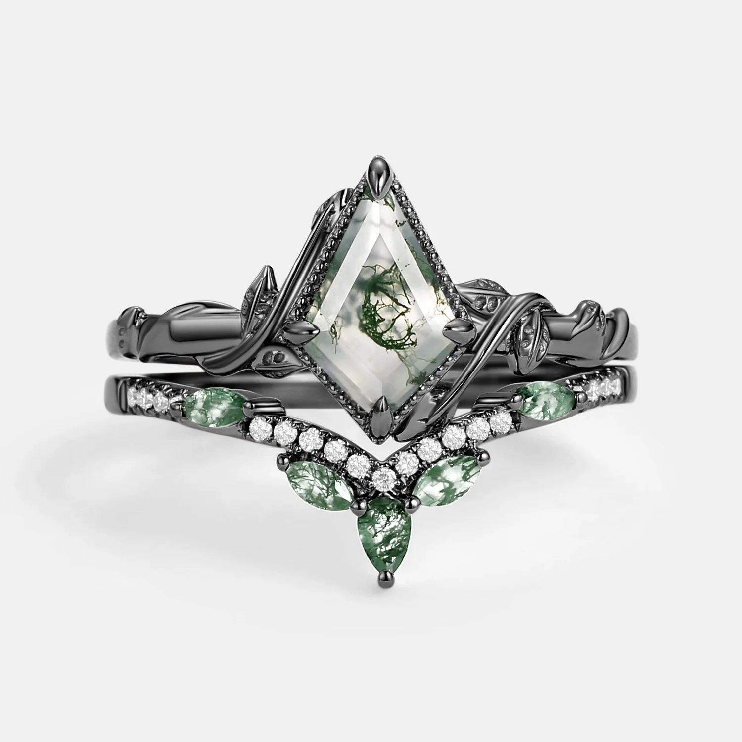 Dressy Mood Glamour Shine Black Gold Kite Cut Moss Agate Leafy Ring Sets 2pcs - Lark