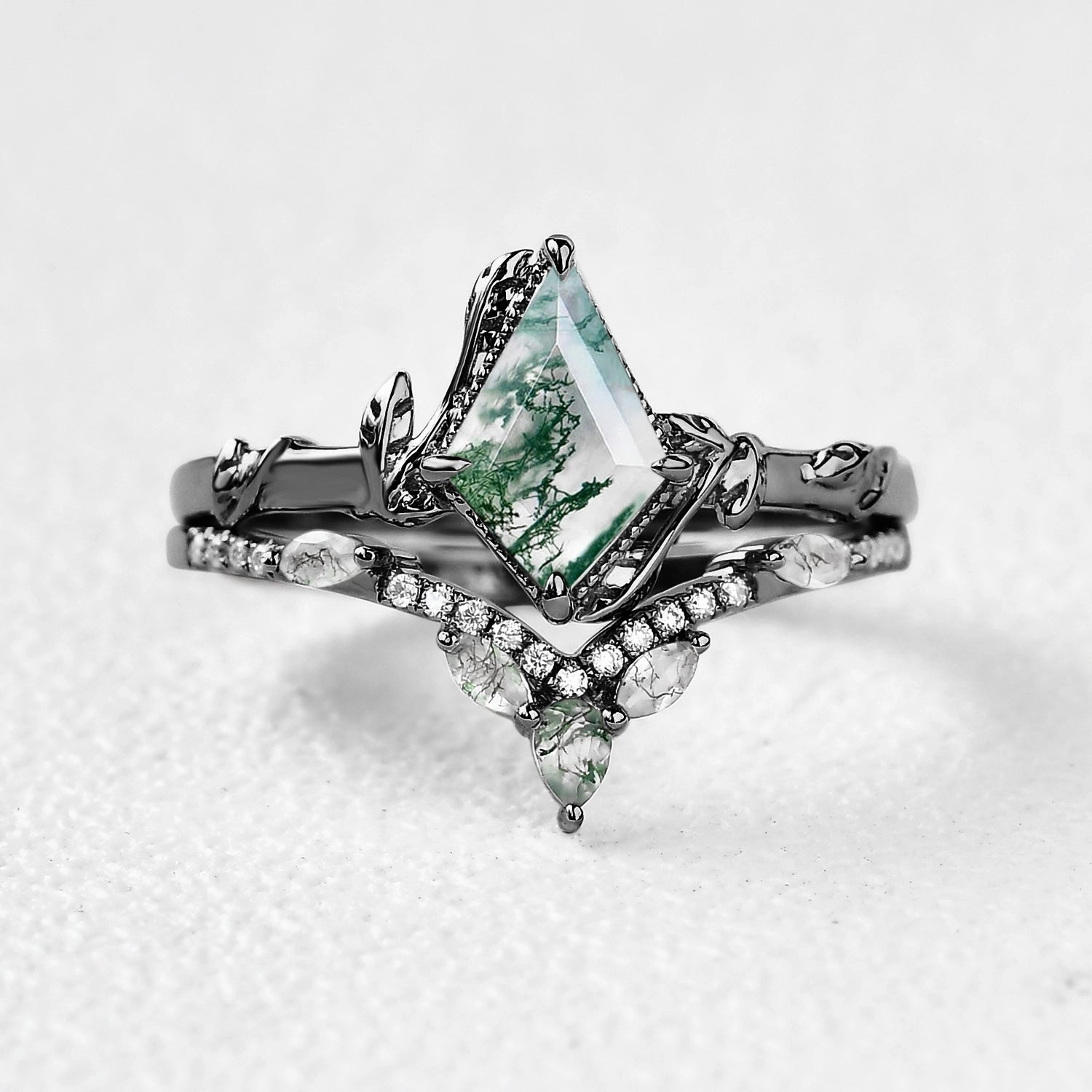 Black Gold Kite Cut Moss Agate Leafy Ring Sets 2pcs - Lark Stylish Statement Party Detail