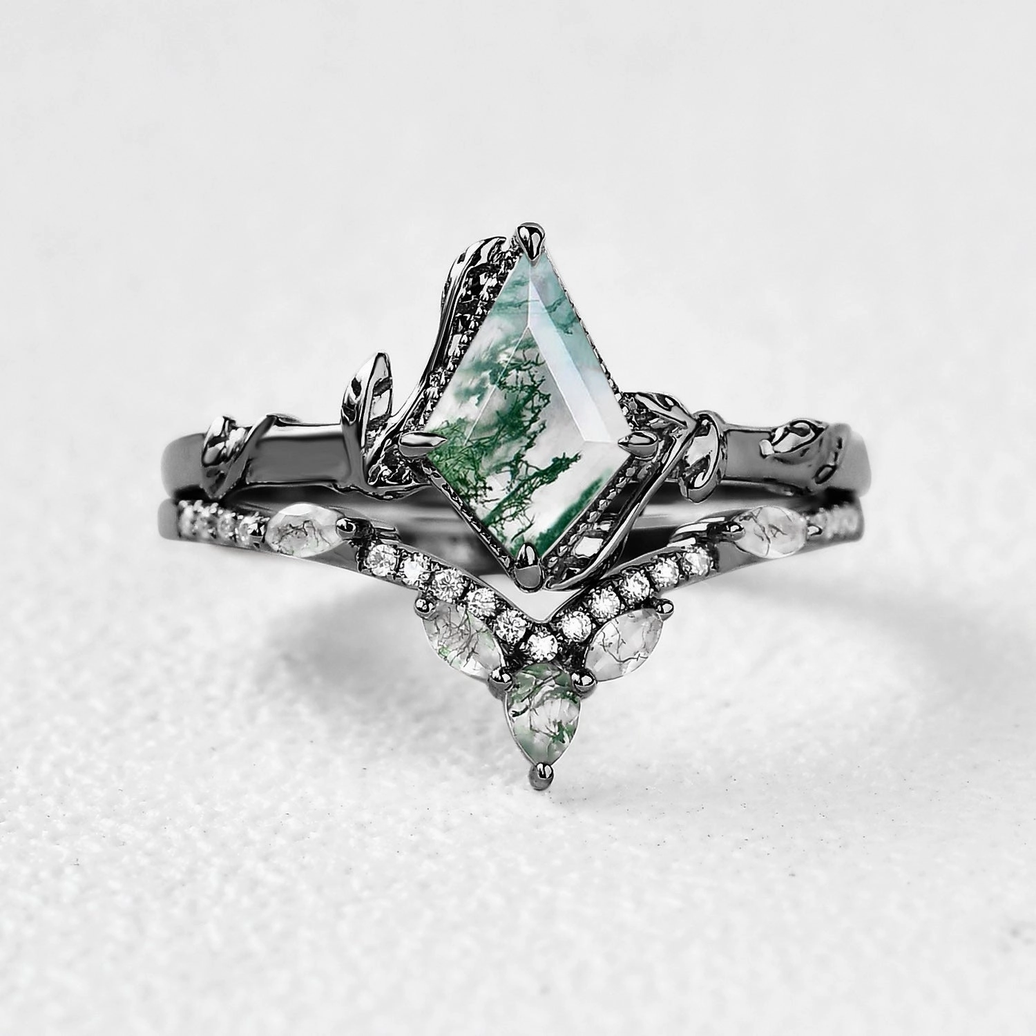 Quality Promise Black Gold Kite Cut Moss Agate Leafy Ring Sets 2pcs - Lark