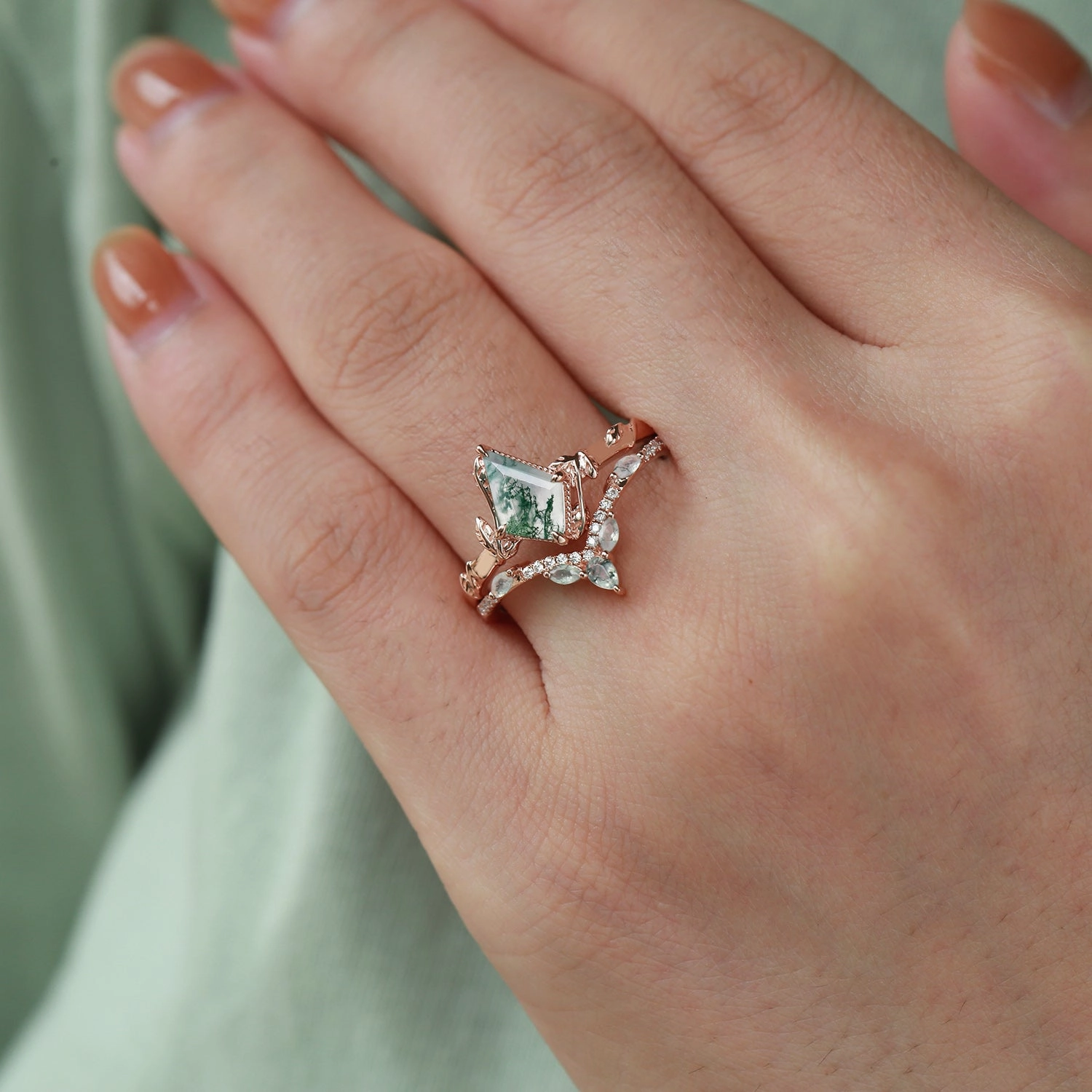 Black Gold Kite Cut Moss Agate Leafy Ring Sets 2pcs - Lark Traditional Jewelry Contemporary Ornament