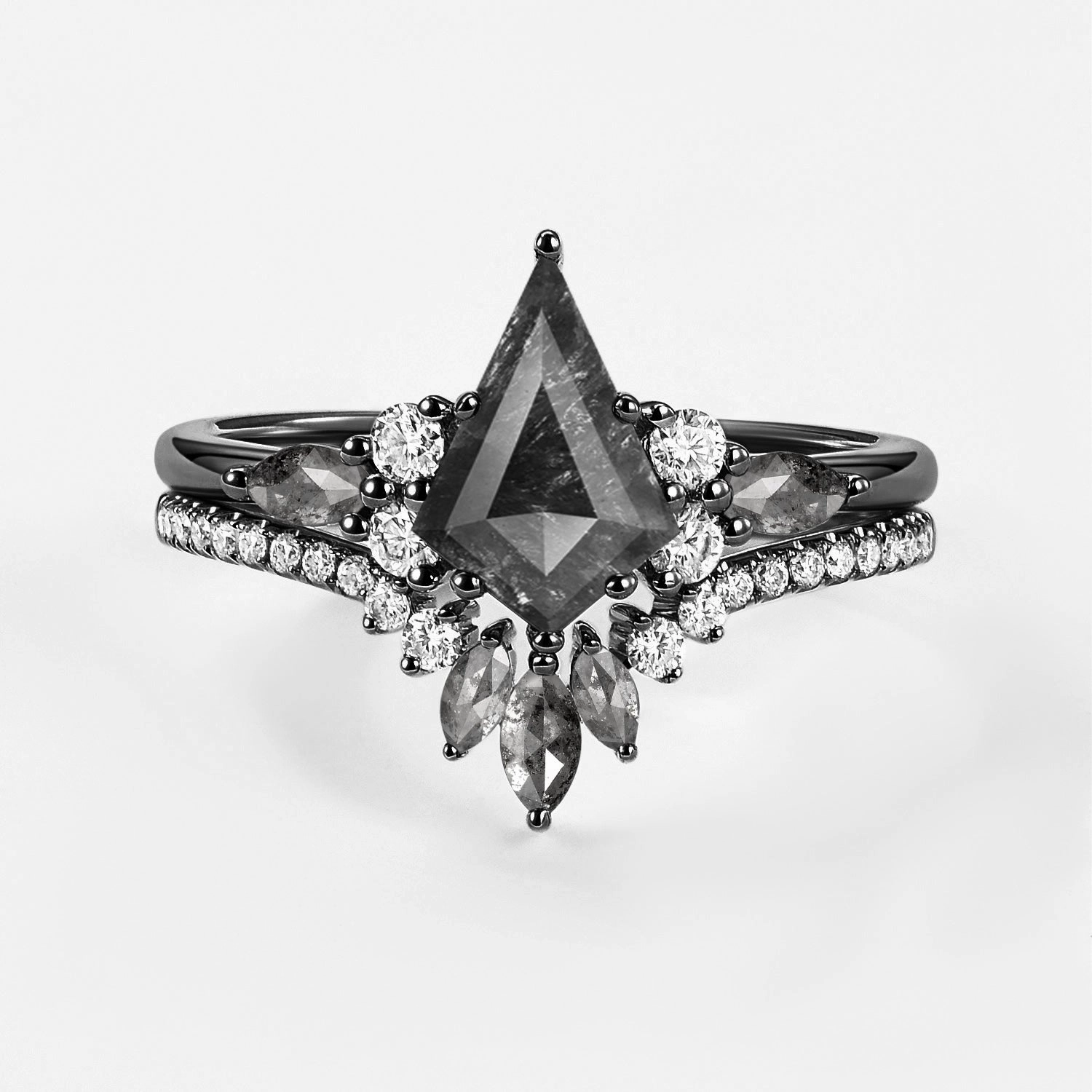 Festival Accent man made Black Gold Kite Cut Salt and Pepper Diamonds Cluster Ring Set 2pcs - Rebecca