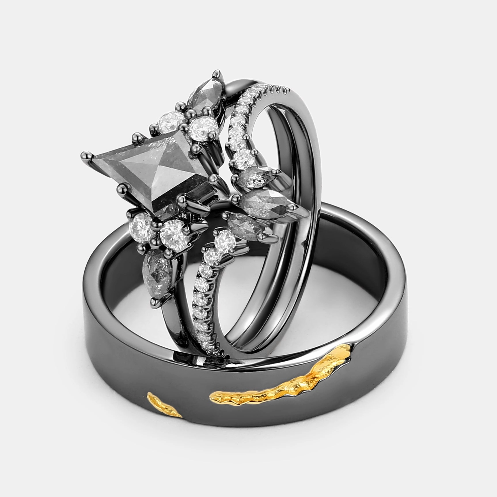 Stylish Accent Vintage Piece Black Gold Kite Cut Salt and Pepper Diamonds Engagement Couple Ring Set 3pcs - Rebecca