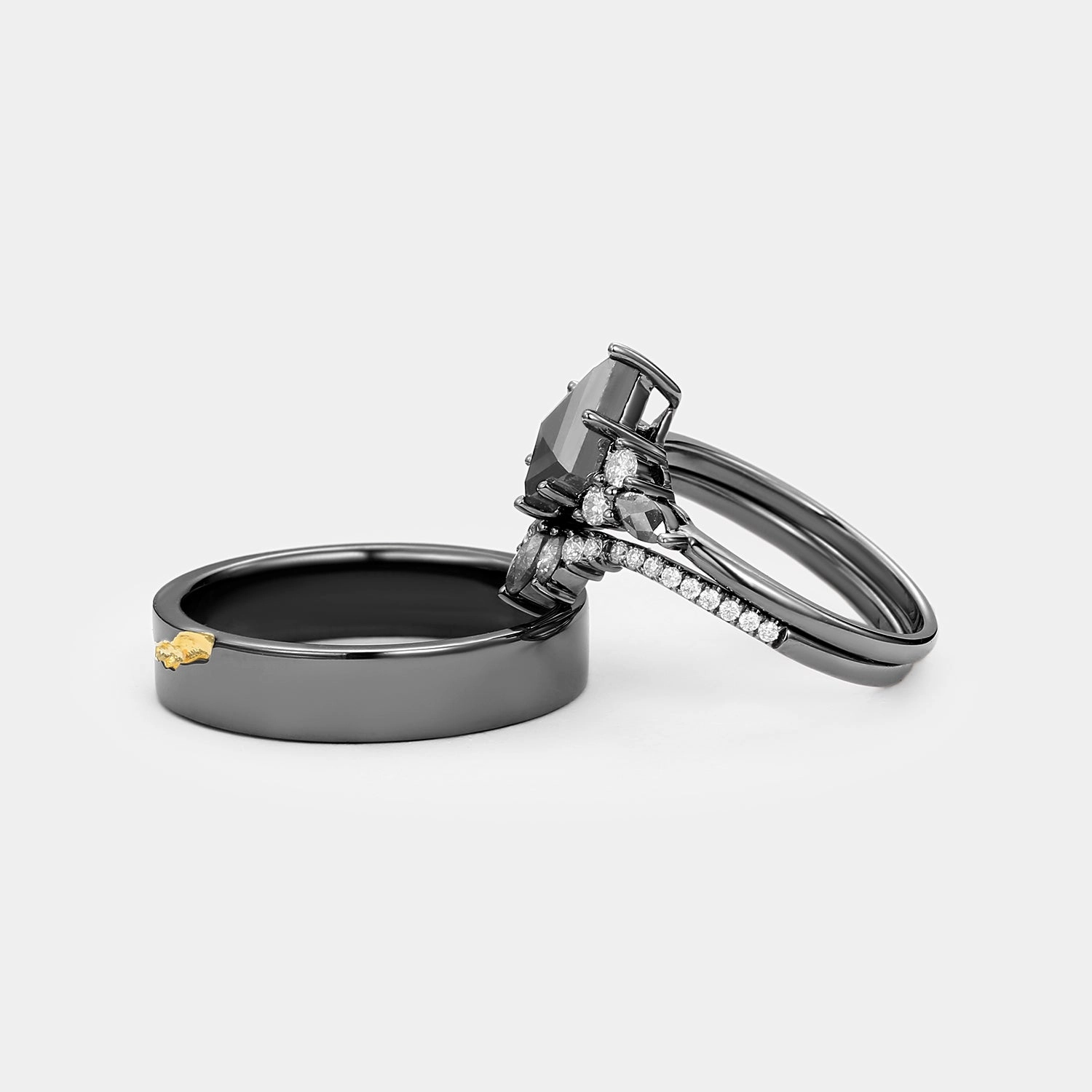 Casual accessory Black Gold Kite Cut Salt and Pepper Diamonds Engagement Couple Ring Set 3pcs - Rebecca
