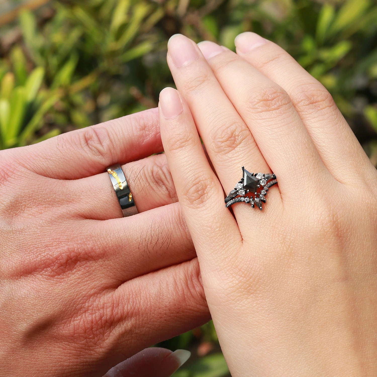 Black Gold Kite Cut Salt and Pepper Diamonds Engagement Couple Ring Set 3pcs - Rebecca High-End Symbol