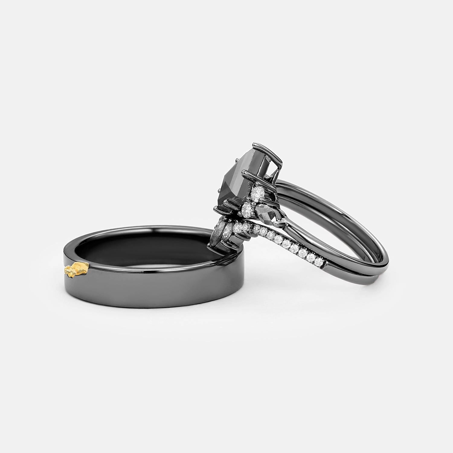 Black Gold Kite Cut Salt and Pepper Diamonds Engagement Couple Ring Set 3pcs - Rebecca Contemporary Accent Budget Product