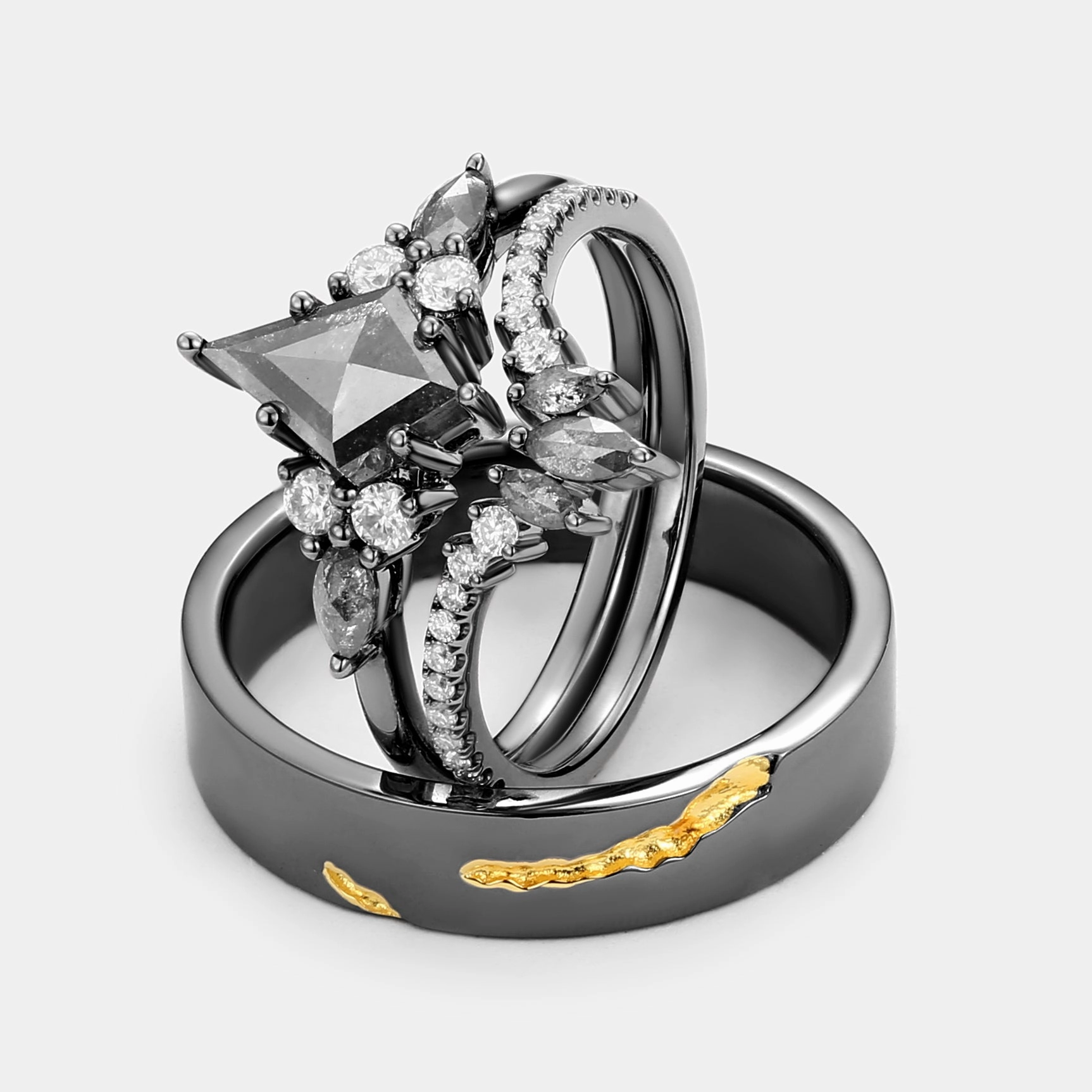 Black Gold Kite Cut Salt and Pepper Diamonds Engagement Couple Ring Set 3pcs - Rebecca Designer Object Sleek Style