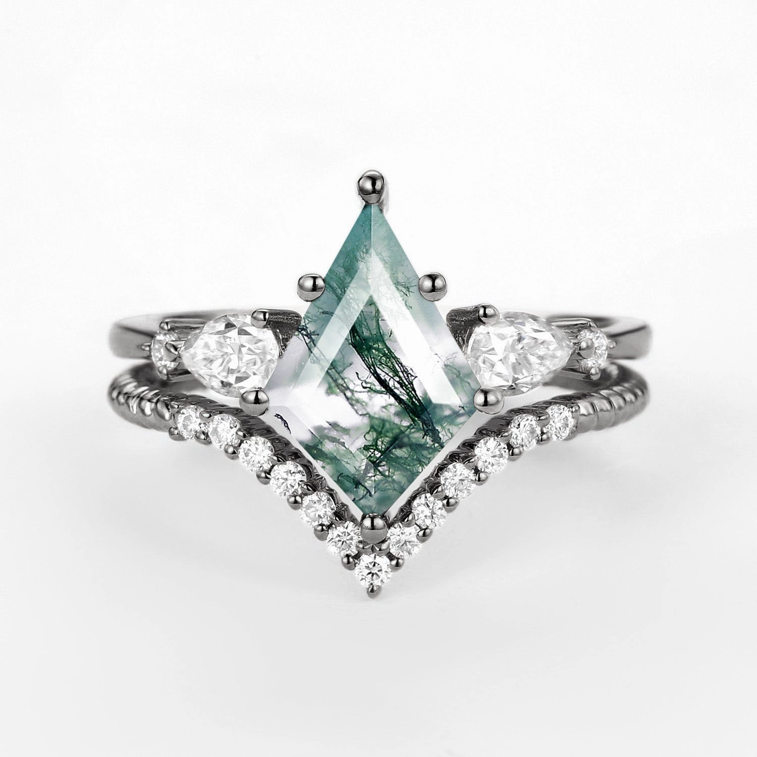 Shiny Style Black Gold Kite Moss Agate Three Stones Engagement Ring Set 2pcs