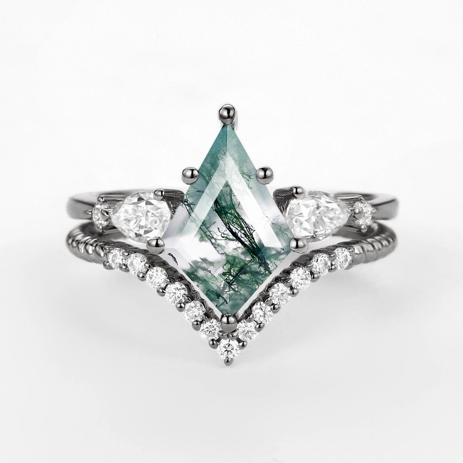 Black Gold Kite Moss Agate Three Stones Engagement Ring Set 2pcs Understated Spark Effortless Sparkle