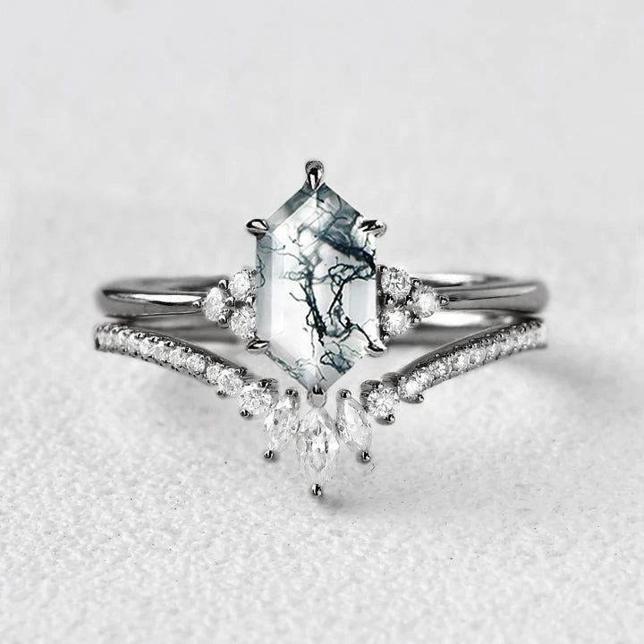 Black Gold Long Hexagon Moss Agate Bridal Ring Set 2pcs - Lydia Lively Spirit Gift Ready