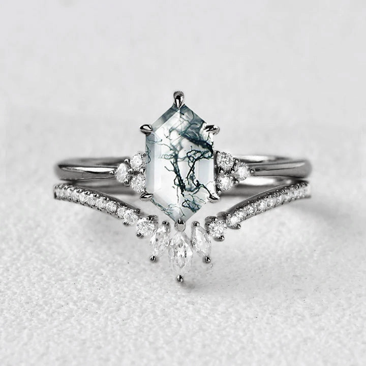 Ductile Material Black Gold Long Hexagon Moss Agate Bridal Ring Set 2pcs - Lydia