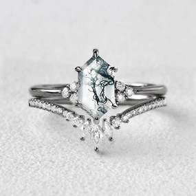 Fashion Look Black Gold Long Hexagon Moss Agate Bridal Ring Set 2pcs - Lydia