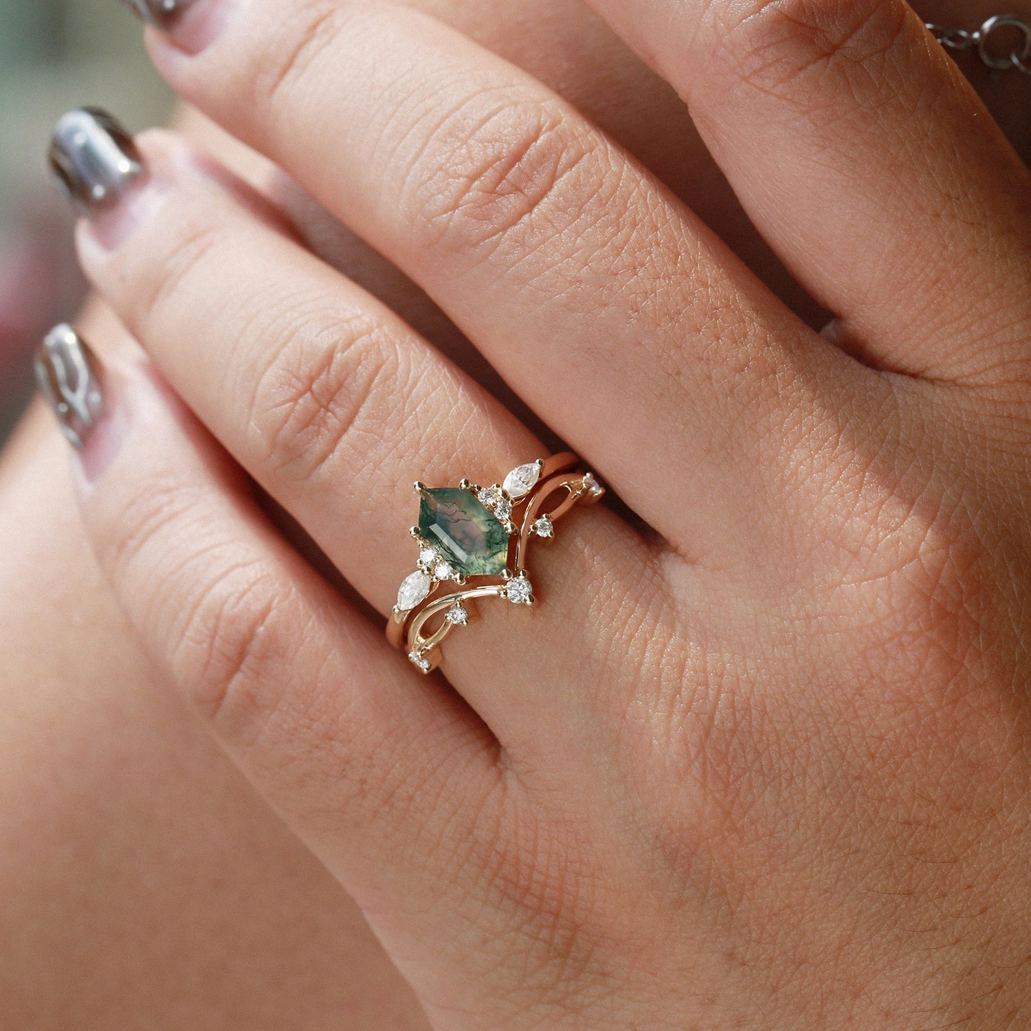 Black Gold Long Hexagon Moss Agate Leafy Ring Set 2pcs - Ona Charming Craft Vacation Mood