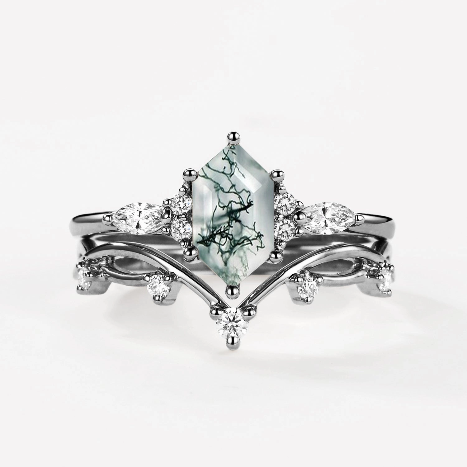 photo shoot Luxurious Accent Black Gold Long Hexagon Moss Agate Leafy Ring Set 2pcs - Ona