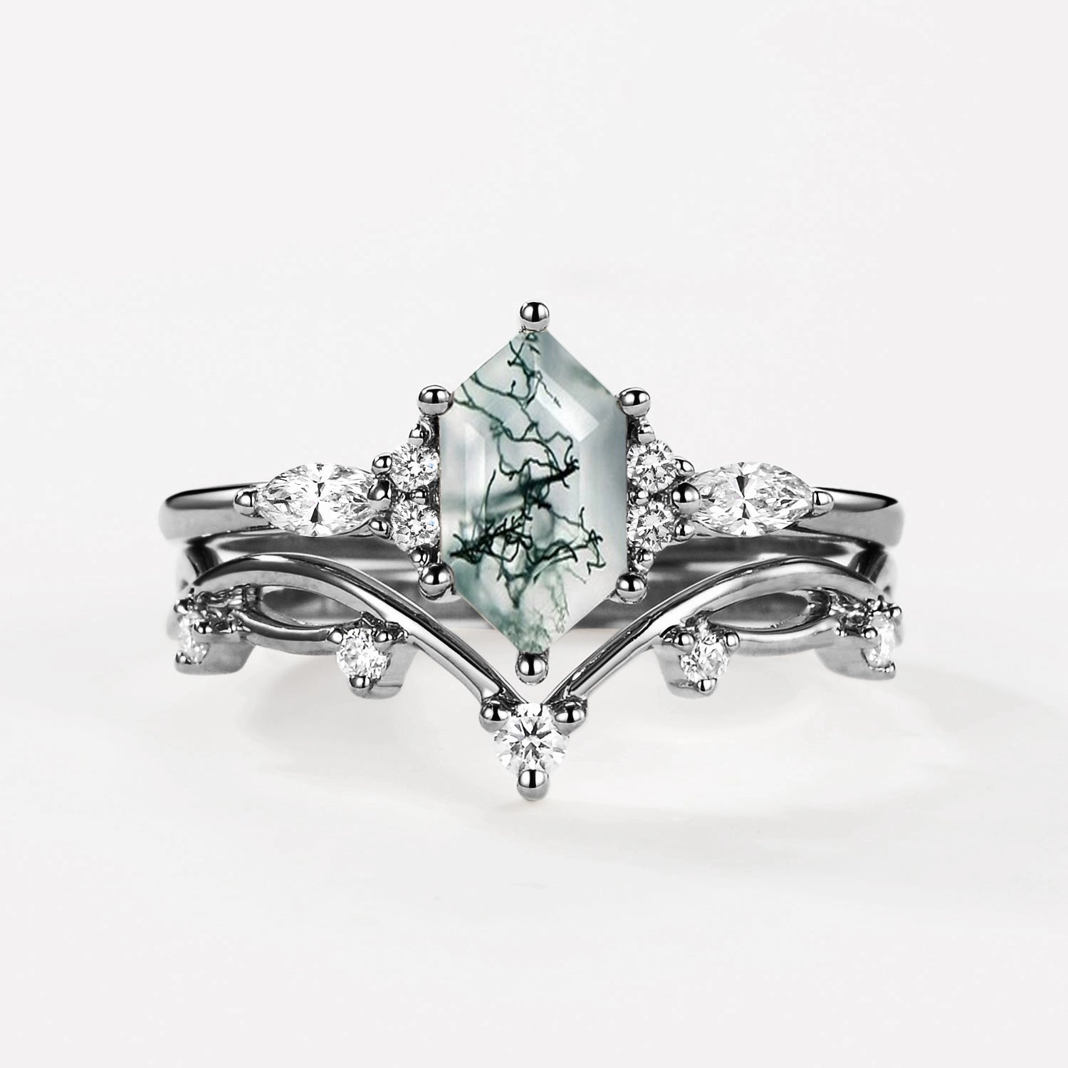 Black Gold Long Hexagon Moss Agate Leafy Ring Set 2pcs - Ona Critic Acclaimed Stylish Accessory