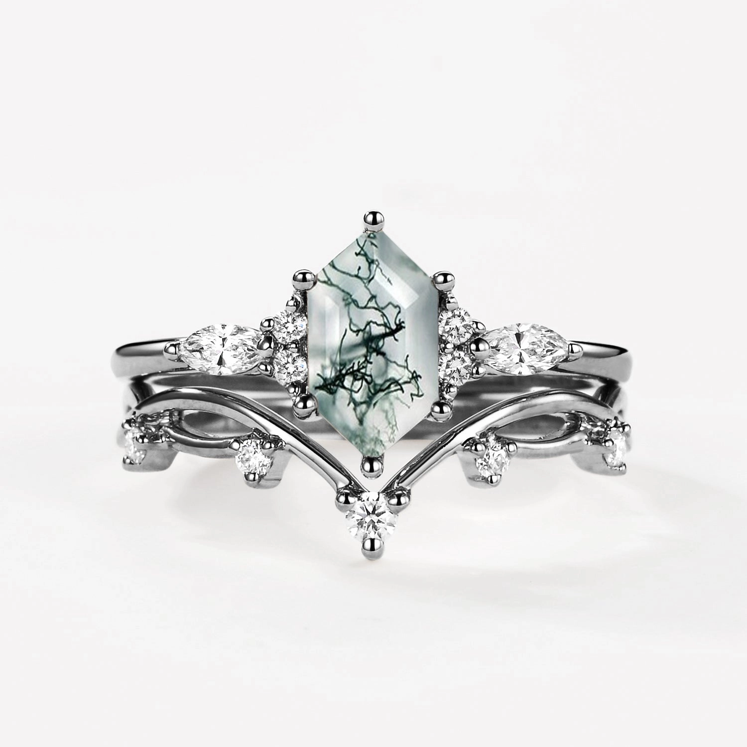 Black Gold Long Hexagon Moss Agate Leafy Ring Set 2pcs - Ona Glamour Appeal Classic Edge