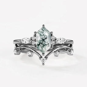 Gleam Accent Ornate Accent Black Gold Long Hexagon Moss Agate Leafy Ring Set 2pcs - Ona