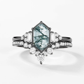 Wedding Gift Black Gold Long Hexagon Moss Agate Milgrain Engagement Ring Set 2pcs