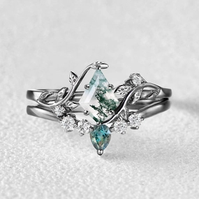 Black Gold Moss Agate & Teal Sapphire Leafy Ring Sets 2pcs - Willow Dressy look