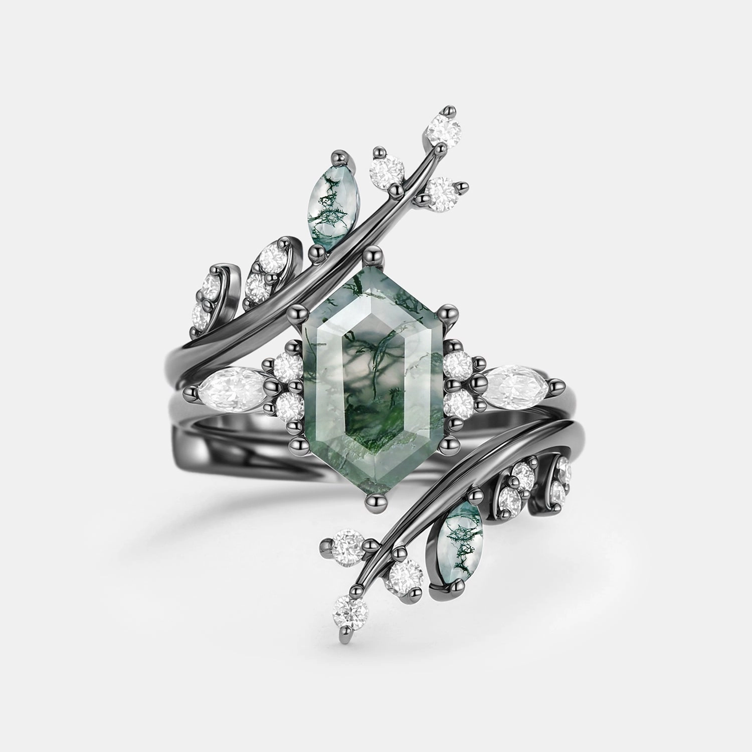 Beautiful Bauble Anniversary Celebration Black Gold Moss Agate Cage Elongated Hexagon Engagement Ring Set 2pcs - Mossera