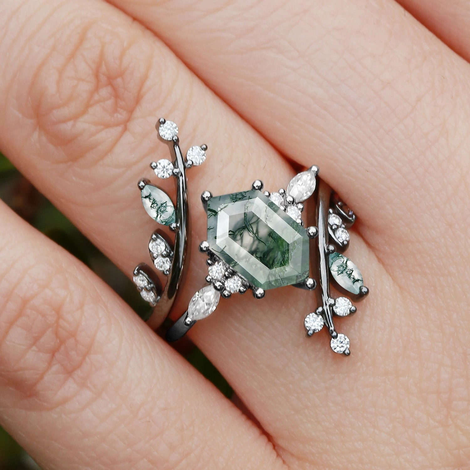 Black Gold Moss Agate Cage Elongated Hexagon Engagement Ring Set 2pcs - Mossera Unique Object