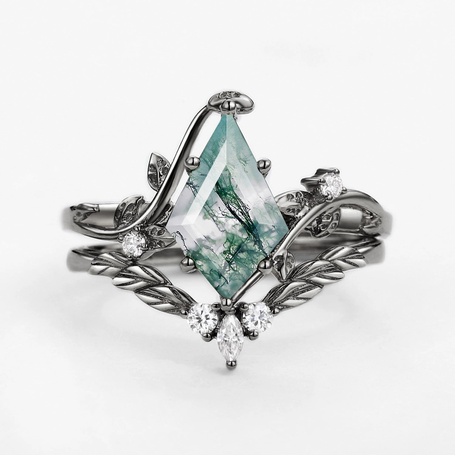 Black Gold Moss Agate Kite Cut Vine Engagement Ring Set 2pcs - Twigs Glam Focus Refined Element