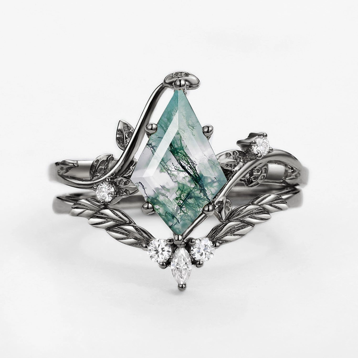 Black Gold Moss Agate Kite Cut Vine Engagement Ring Set 2pcs - Twigs Tangible Goods Classic Symbol