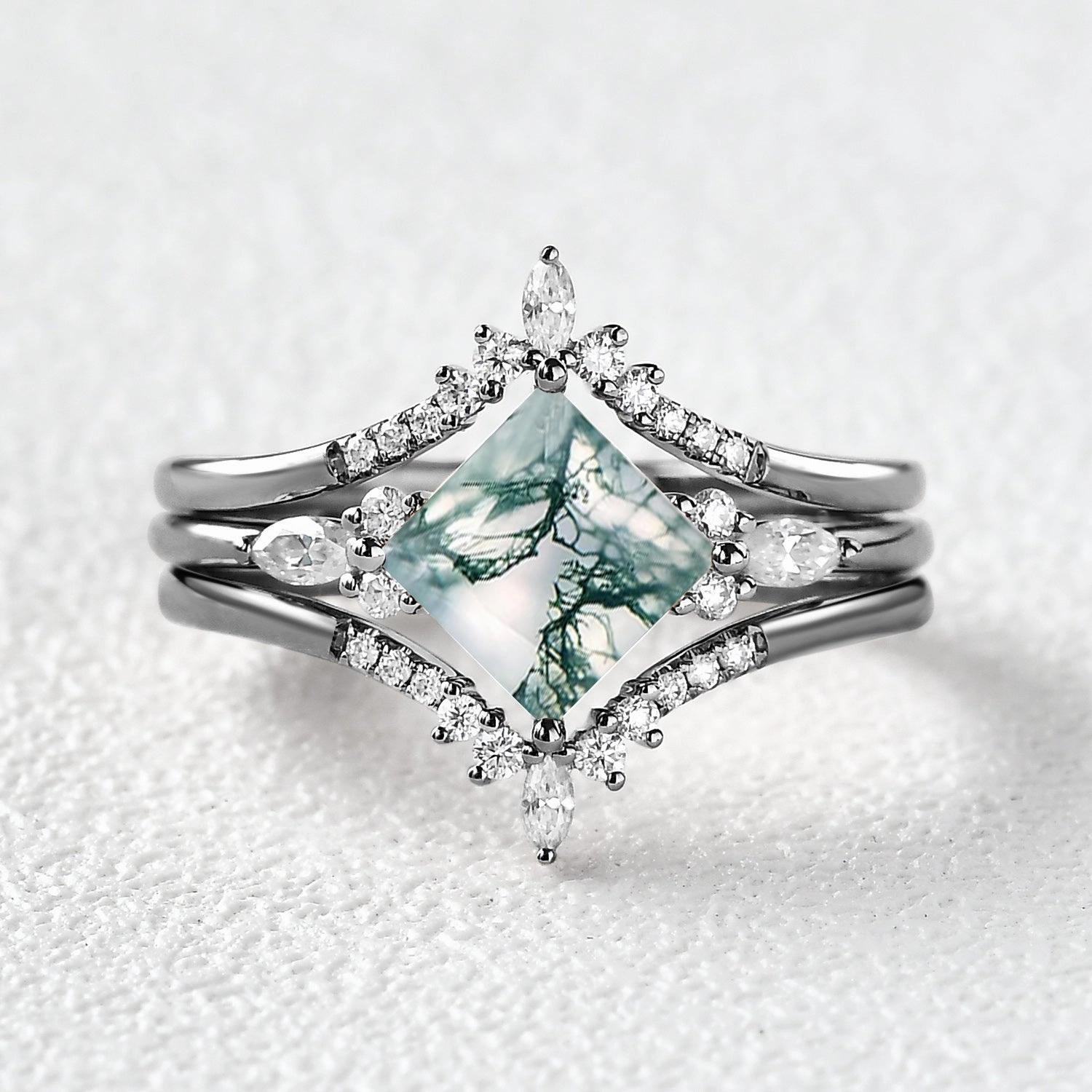 Timeless Craftwork Neat Spark Black Gold Moss Agate Princess Cut Engagement Ring Set 3pcs