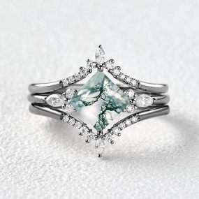 Timeless Craftwork Neat Spark Black Gold Moss Agate Princess Cut Engagement Ring Set 3pcs