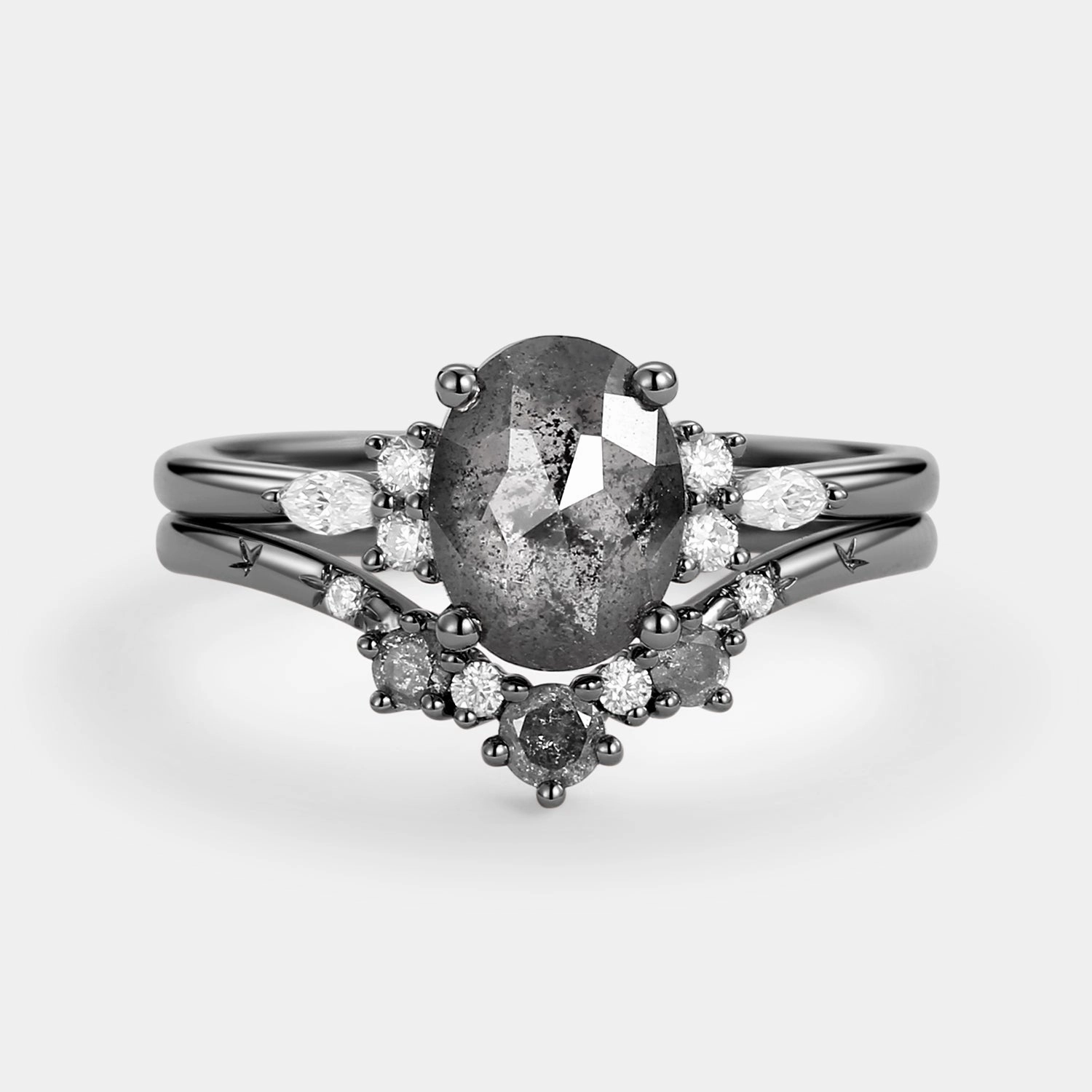 Sparkling Ornament Black Gold Oval Cut Salt and Pepper Diamonds Engagement Ring Sets 2pcs