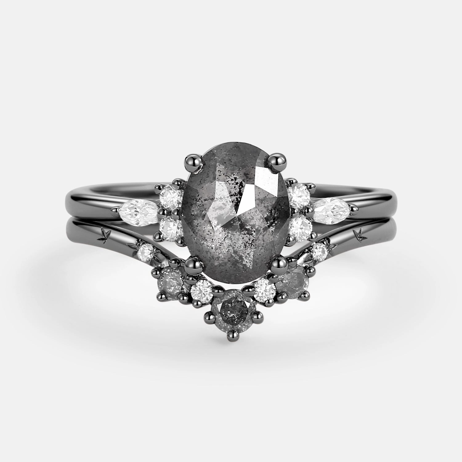 Black Gold Oval Cut Salt and Pepper Diamonds Engagement Ring Sets 2pcs Bold Pieces Design