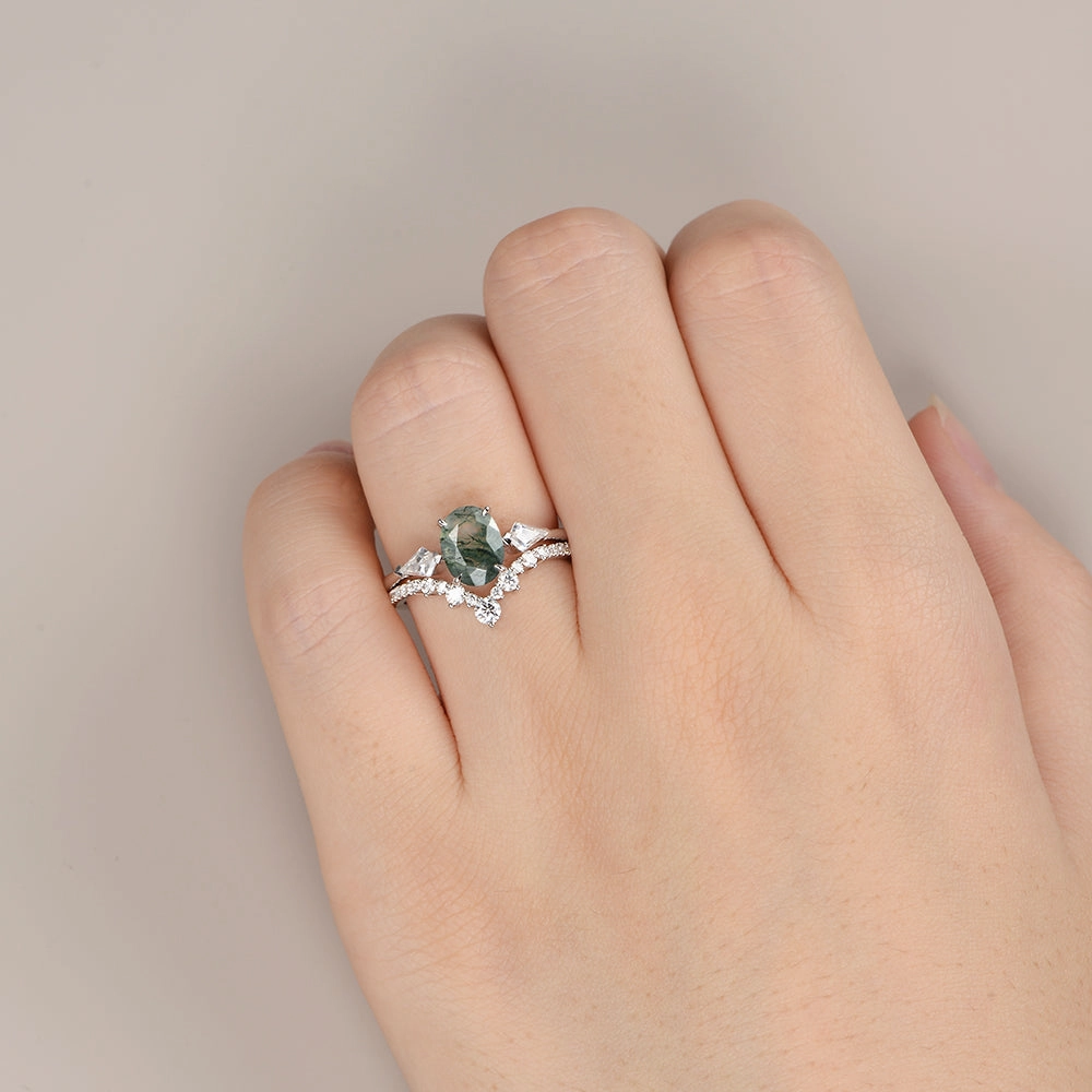 Glow Finish Black Gold Oval Moss Agate Three Stones Engagement Ring Set 2pcs