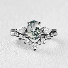 Elegant Style Pieces Black Gold Oval Moss Agate Three Stones Engagement Ring Set 2pcs