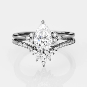 Black Gold Pear Moissanite Engagement Ring Set 2pcs - Lydia Allure Accent