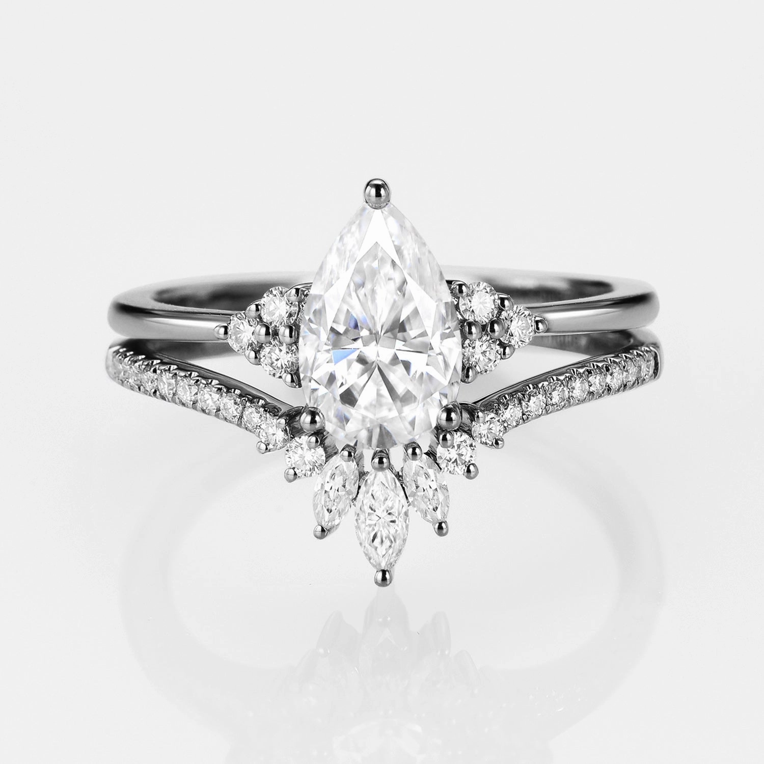 Black Gold Pear Moissanite Engagement Ring Set 2pcs - Lydia Classic Sign Modern Classic